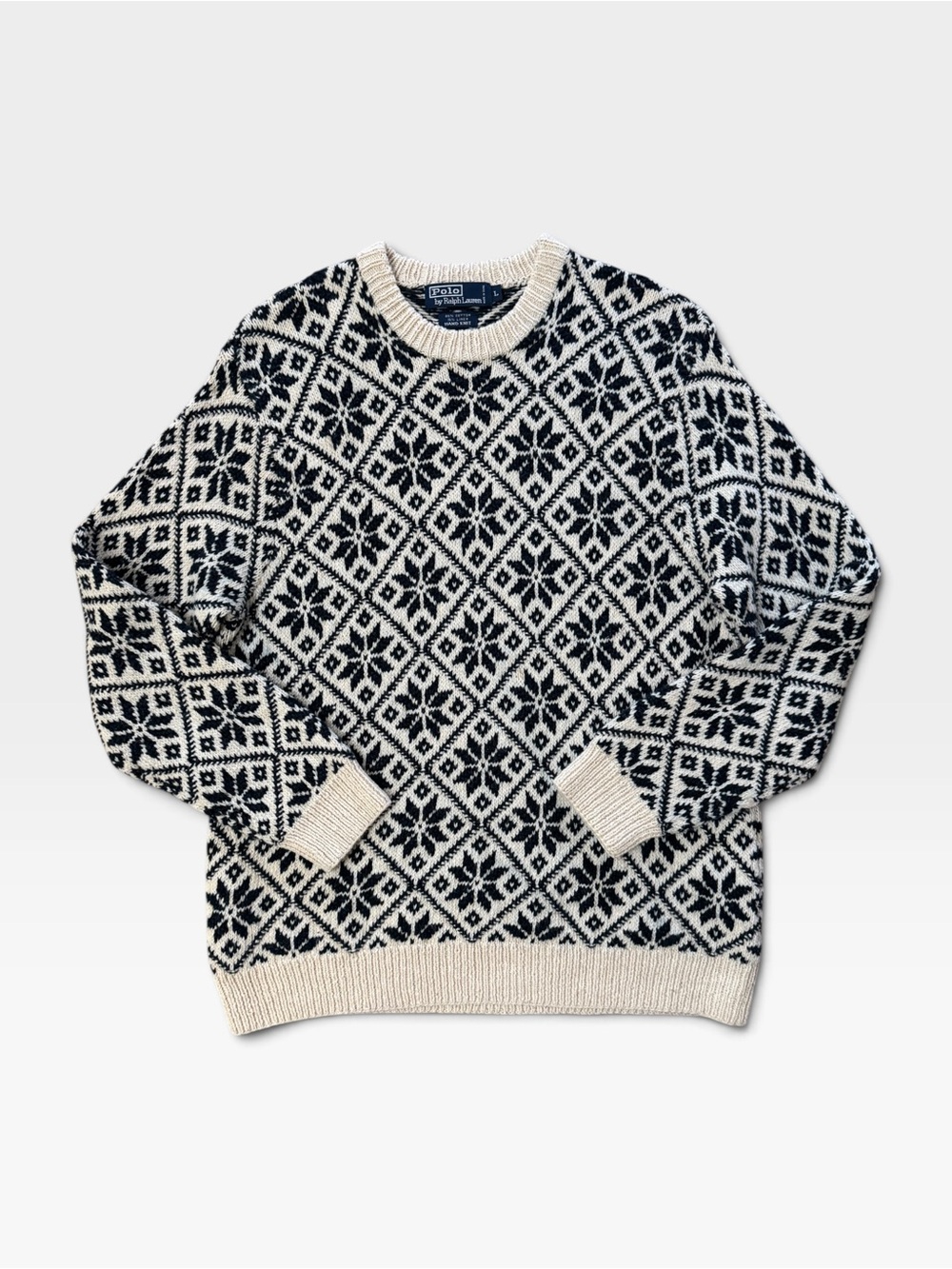 VTG Polo Ralph Lauren Blue & Cream Fair Isle Snowflake HandKnit Crewneck Sweater